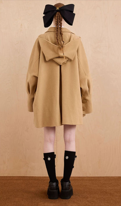 WEANCHEAM Wool Cape Coat | Cat-Ear Hood & Bow Details (Solid Camel/ Black Check)