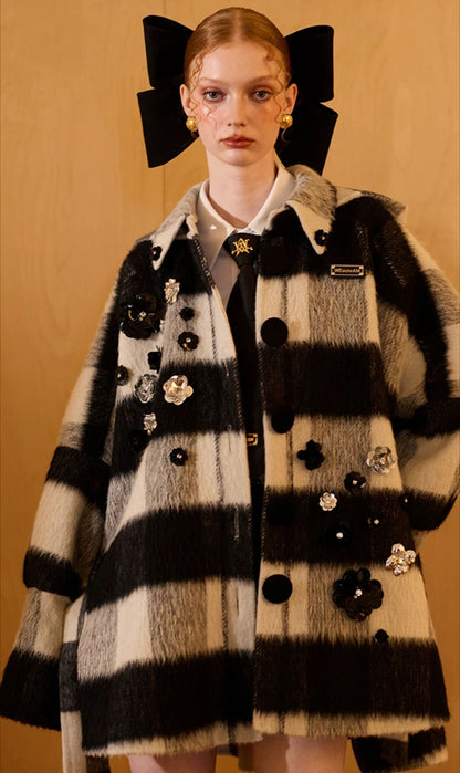 WEANCHEAM Wool Cape Coat | Cat-Ear Hood & Bow Details (Solid Camel/ Black Check)