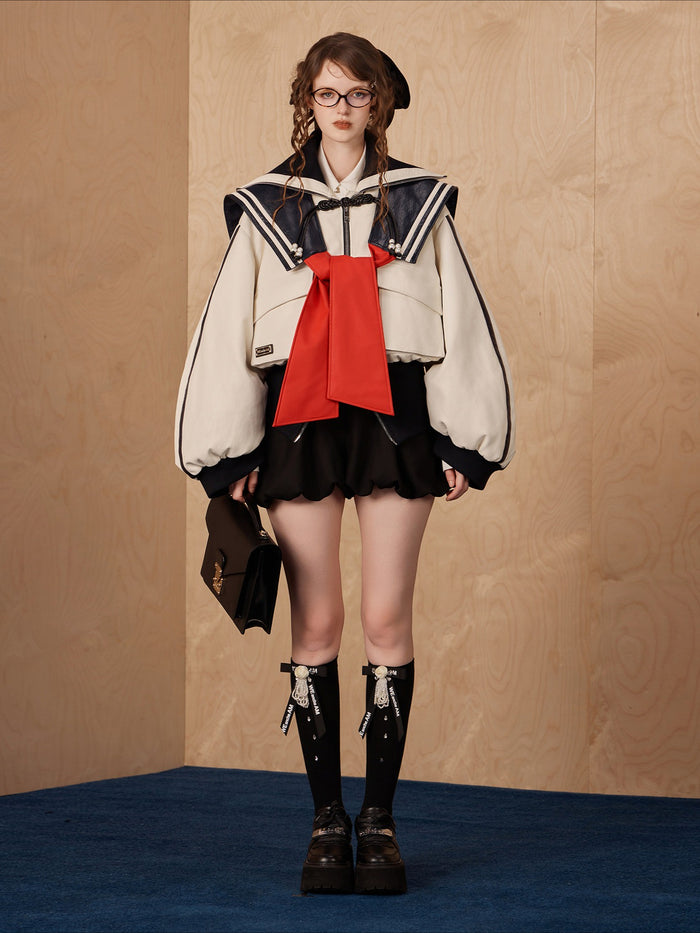 WEANCHEAM Navy Collar Puffer Jacket | Belted Waist Design (Black / Patterned / White)