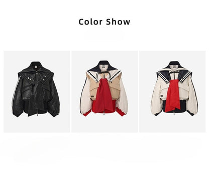 WEANCHEAM Navy Collar Puffer Jacket | Belted Waist Design (Black / Patterned / White)