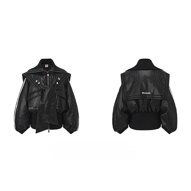 WEANCHEAM Navy Collar Puffer Jacket | Belted Waist Design (Black / Patterned / White)