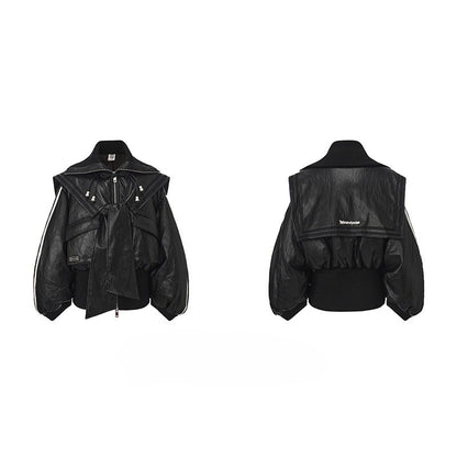WEANCHEAM Navy Collar Puffer Jacket | Belted Waist Design (Black / Patterned / White)