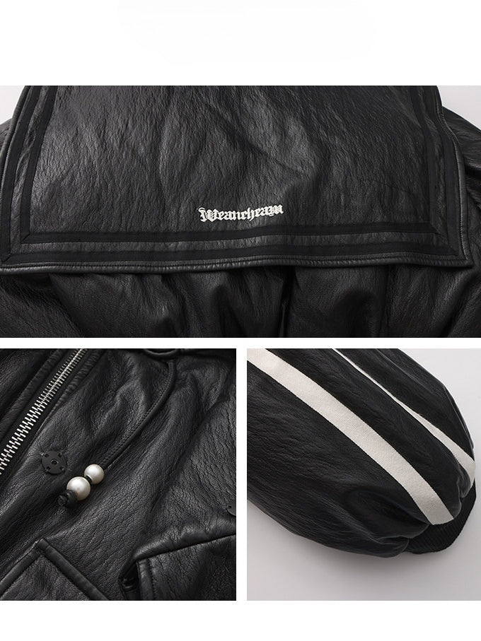 WEANCHEAM Navy Collar Puffer Jacket | Belted Waist Design (Black / Patterned / White)