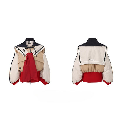 WEANCHEAM Navy Collar Puffer Jacket | Belted Waist Design (Black / Patterned / White)