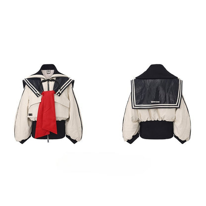 WEANCHEAM Navy Collar Puffer Jacket | Belted Waist Design (Black / Patterned / White)