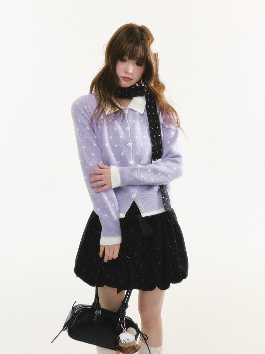 CREAMO2 - Polka Dot Knit Cardigan with Contrast Collar (Purple / Navy)