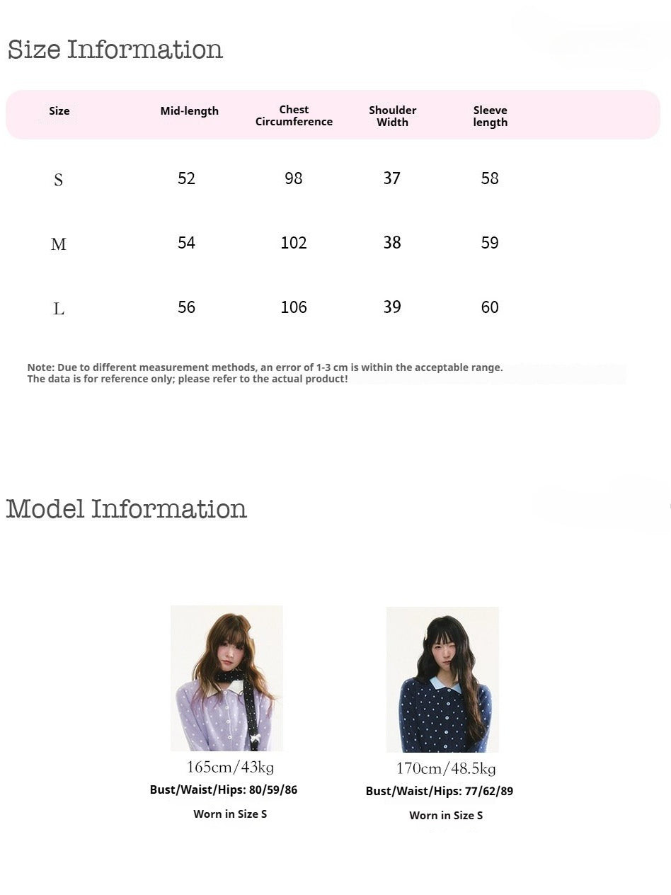 CREAMO2 - Polka Dot Knit Cardigan with Contrast Collar (Purple / Navy)