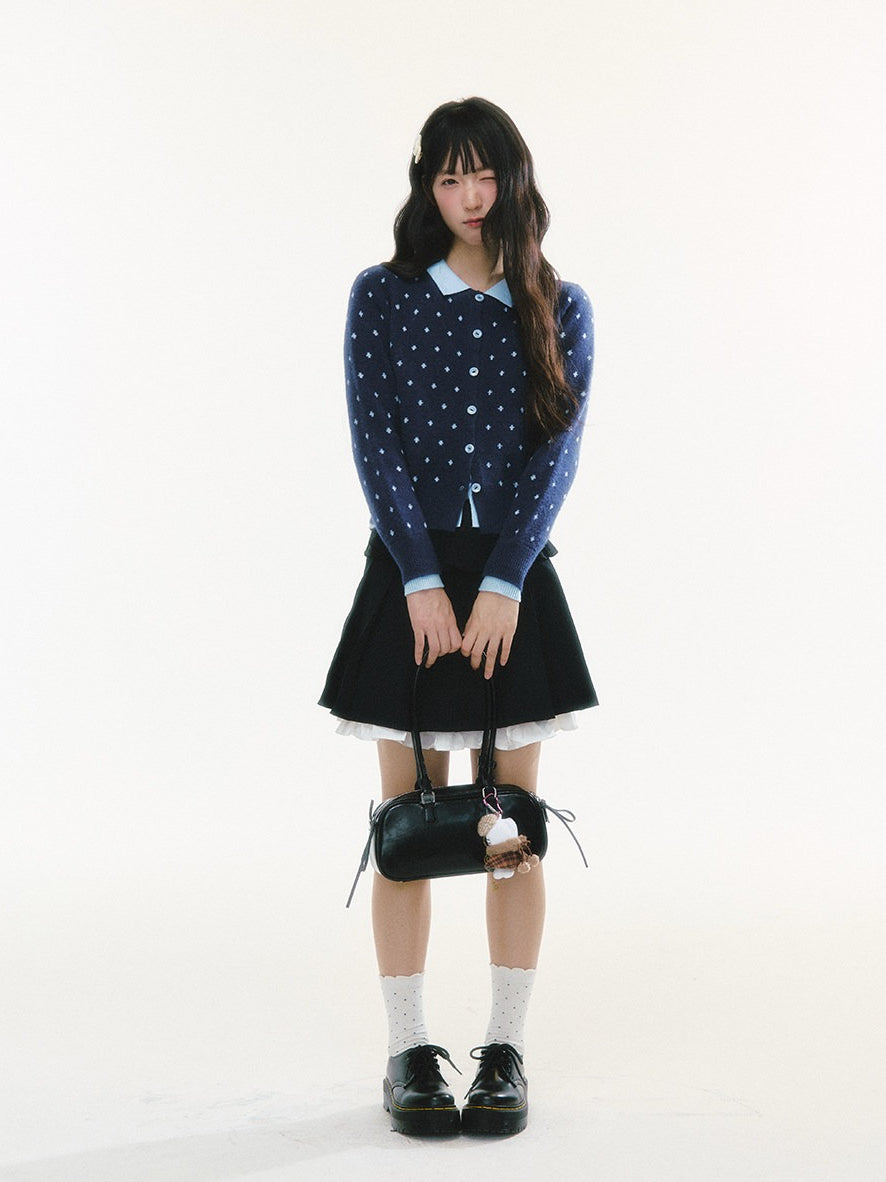 CREAMO2 - Polka Dot Knit Cardigan with Contrast Collar (Purple / Navy)