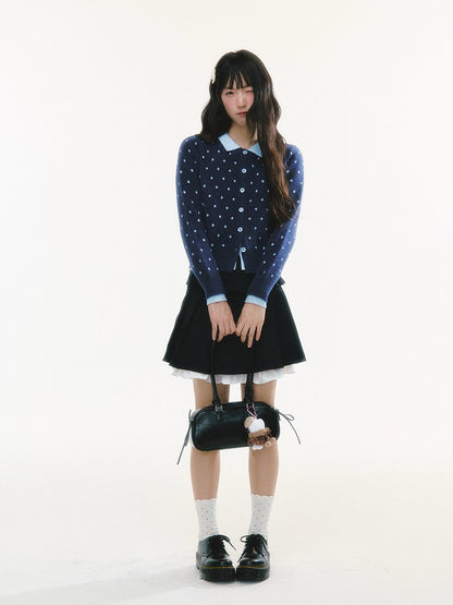 CREAMO2 - Polka Dot Knit Cardigan with Contrast Collar (Purple / Navy)