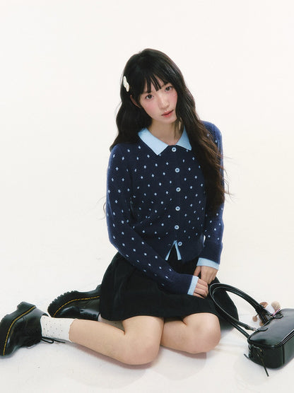 CREAMO2 - Polka Dot Knit Cardigan with Contrast Collar (Purple / Navy)