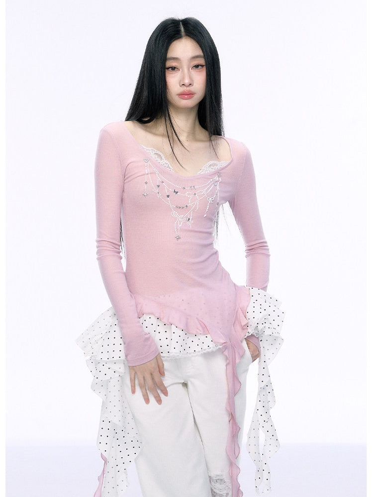 JN's DESIGN - Pink Lace Asymmetrical Top
