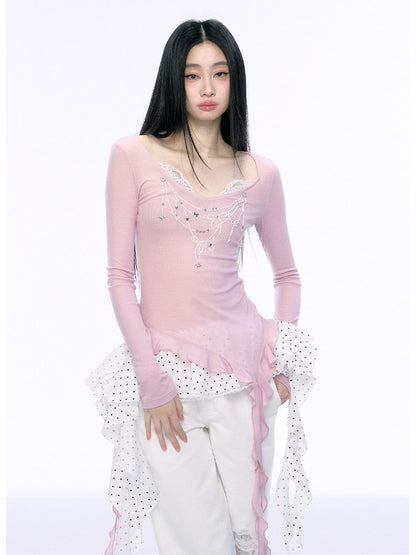 JN's DESIGN - Pink Lace Asymmetrical Top