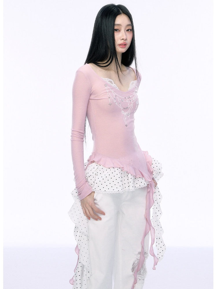 JN's DESIGN - Pink Lace Asymmetrical Top
