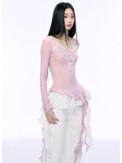 JN's DESIGN - Pink Lace Asymmetrical Top