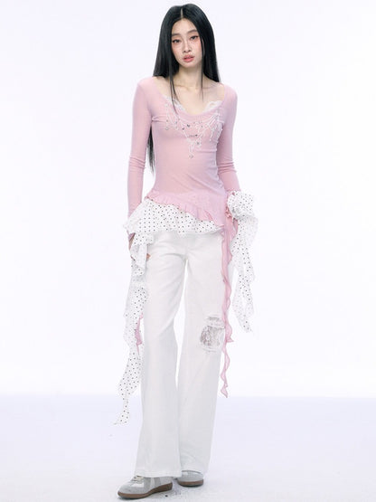 JN's DESIGN - Pink Lace Asymmetrical Top