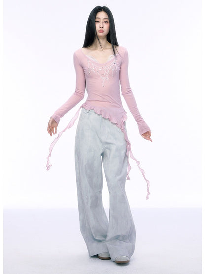 JN's DESIGN - Pink Lace Asymmetrical Top