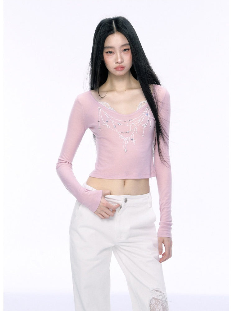 JN's DESIGN - Fitted Lace Long-Sleeve Top with Pearl Rhinestones