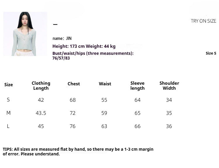JN's DESIGN - Fitted Lace Long-Sleeve Top with Pearl Rhinestones