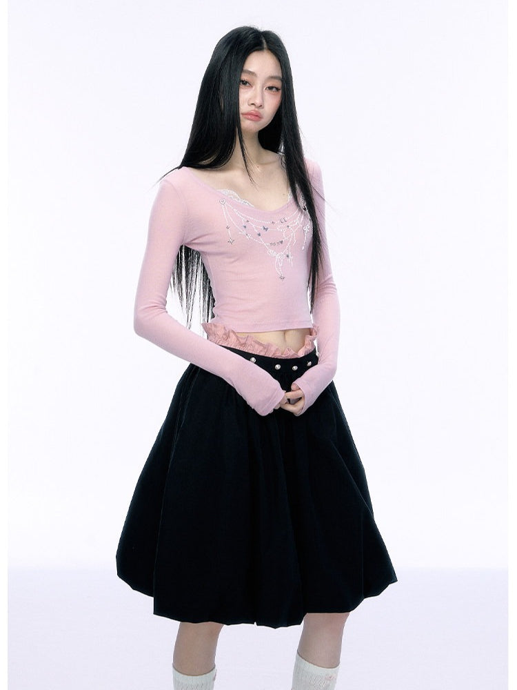 JN's DESIGN - Black Bubble Hem Skirt with Pearl Button Detail
