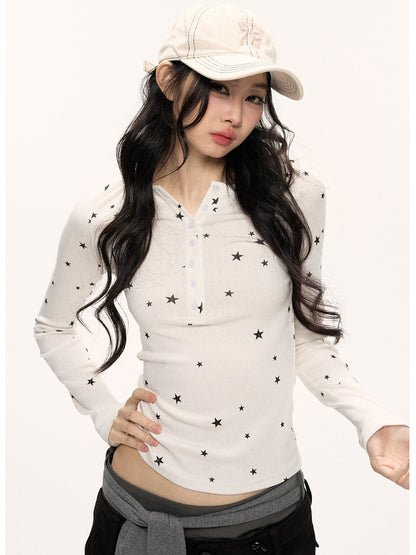 JN's DESIGN - Star Print Fitted Henley Long-Sleeve Top (White / Taro Pink-Purple)