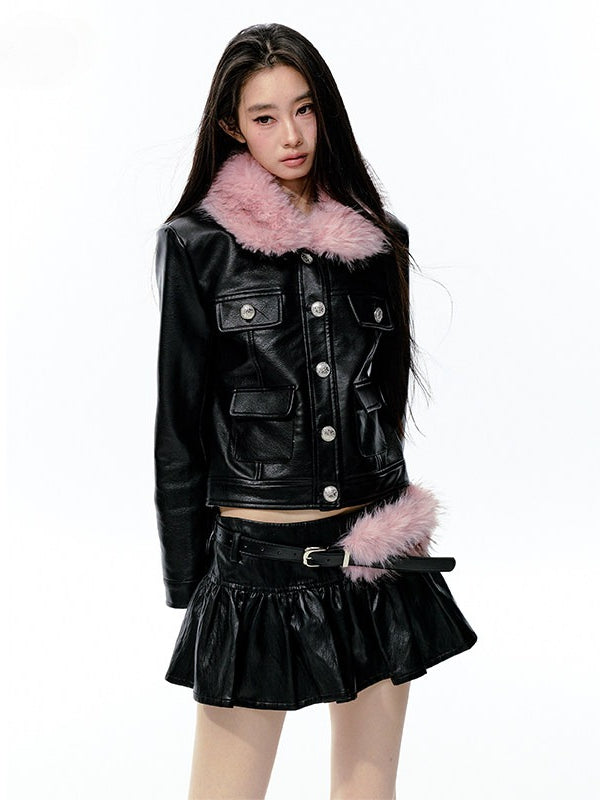 JN's DESIGN - Black Faux Leather Jacket & A-Line Skirt Set with Detachable Faux Fur