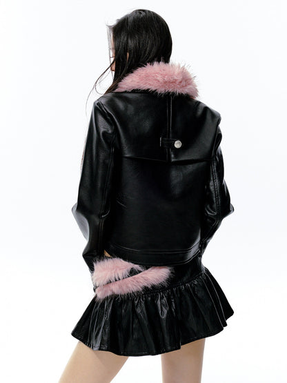 JN's DESIGN - Black Faux Leather Jacket & A-Line Skirt Set with Detachable Faux Fur