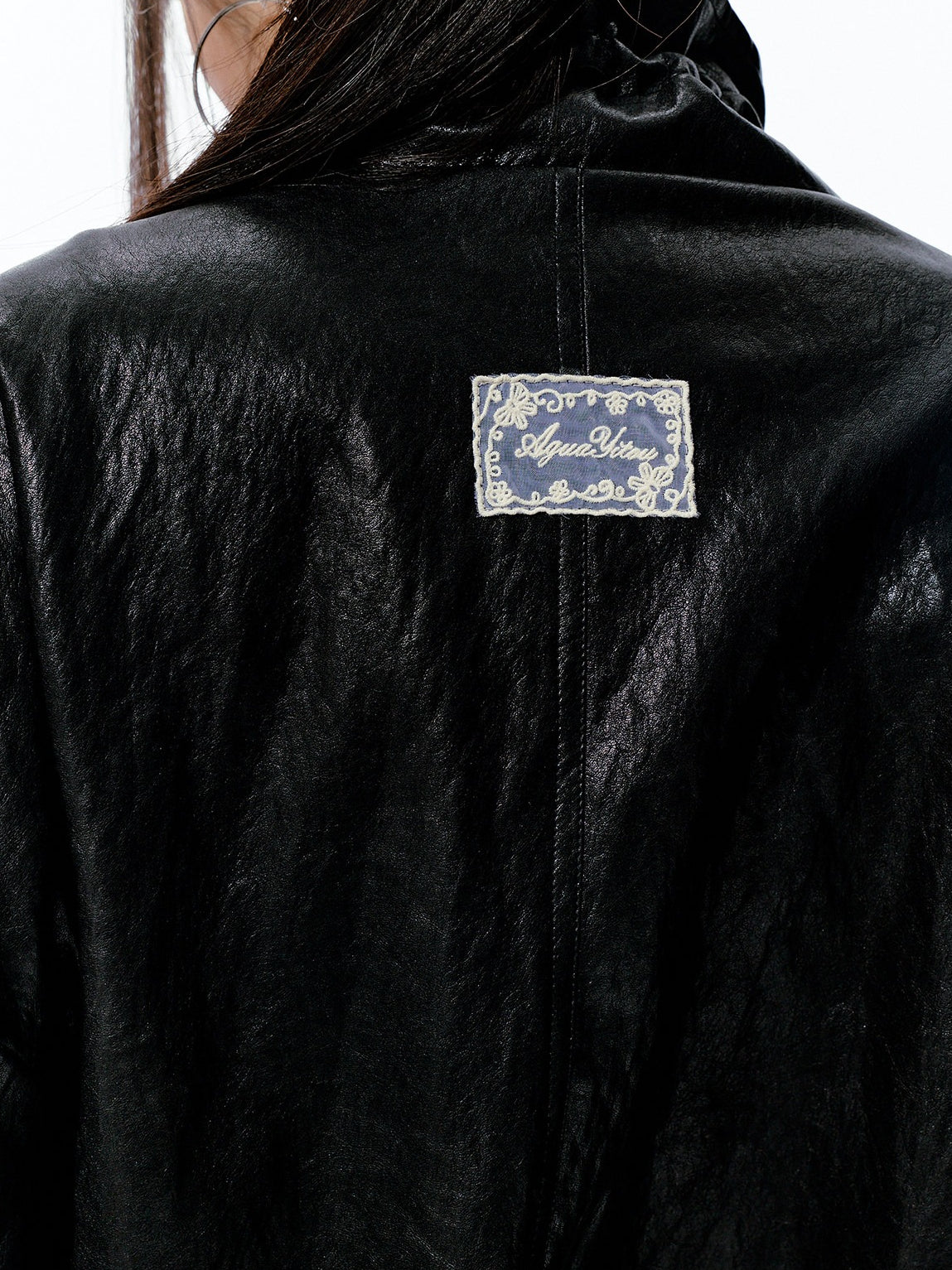 JN's DESIGN - Black Drawstring Faux Leather Jacket with Lace Back Detail
