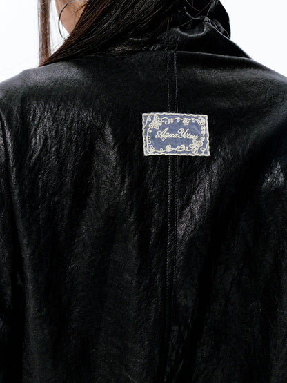 JN's DESIGN - Black Drawstring Faux Leather Jacket with Lace Back Detail