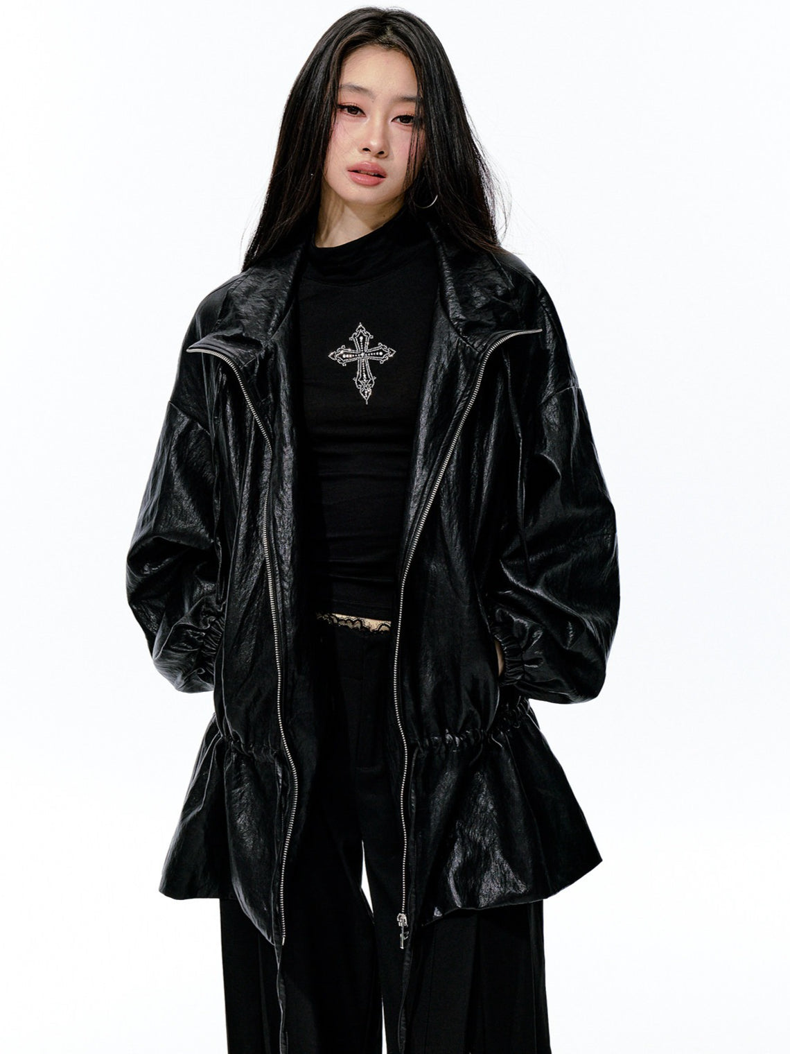 JN's DESIGN - Black Drawstring Faux Leather Jacket with Lace Back Detail