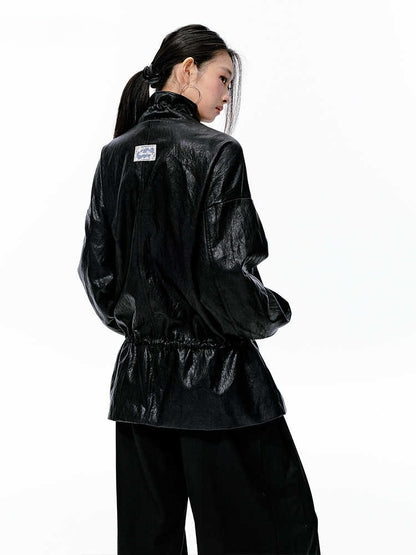 JN's DESIGN - Black Drawstring Faux Leather Jacket with Lace Back Detail