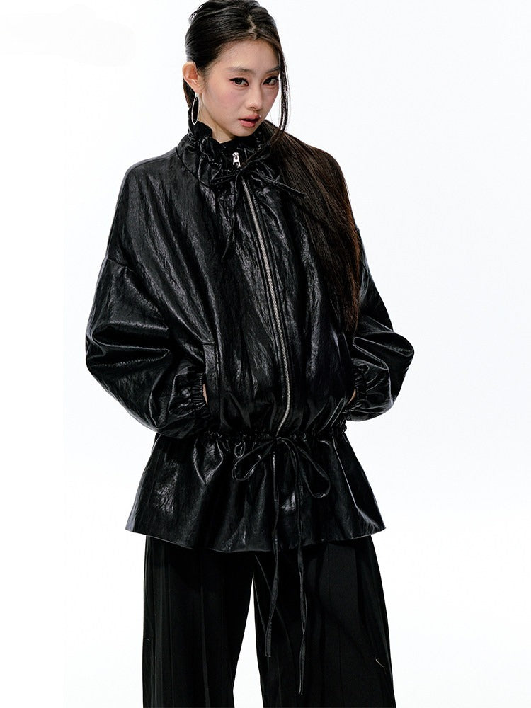 JN's DESIGN - Black Drawstring Faux Leather Jacket with Lace Back Detail
