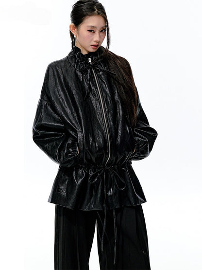 JN's DESIGN - Black Drawstring Faux Leather Jacket with Lace Back Detail