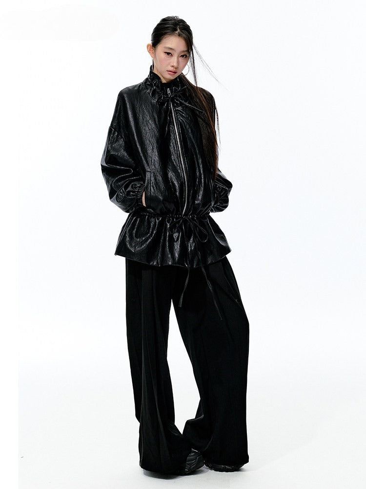 JN's DESIGN - Black Drawstring Faux Leather Jacket with Lace Back Detail
