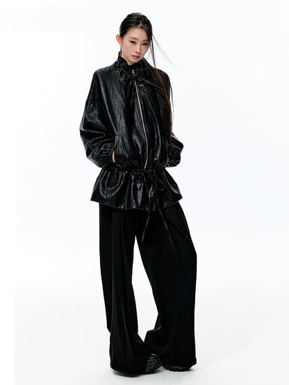 JN's DESIGN - Black Drawstring Faux Leather Jacket with Lace Back Detail