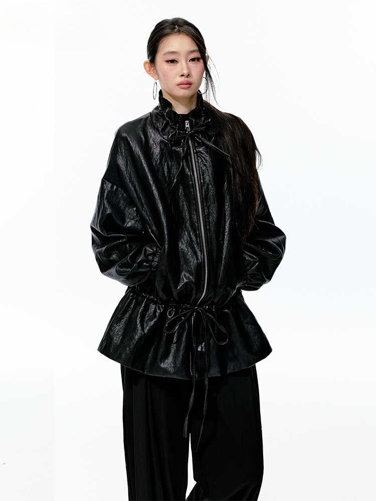 JN's DESIGN - Black Drawstring Faux Leather Jacket with Lace Back Detail