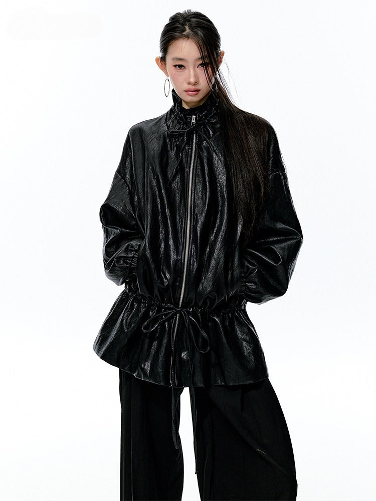 JN's DESIGN - Black Drawstring Faux Leather Jacket with Lace Back Detail