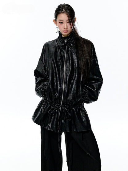 JN's DESIGN - Black Drawstring Faux Leather Jacket with Lace Back Detail