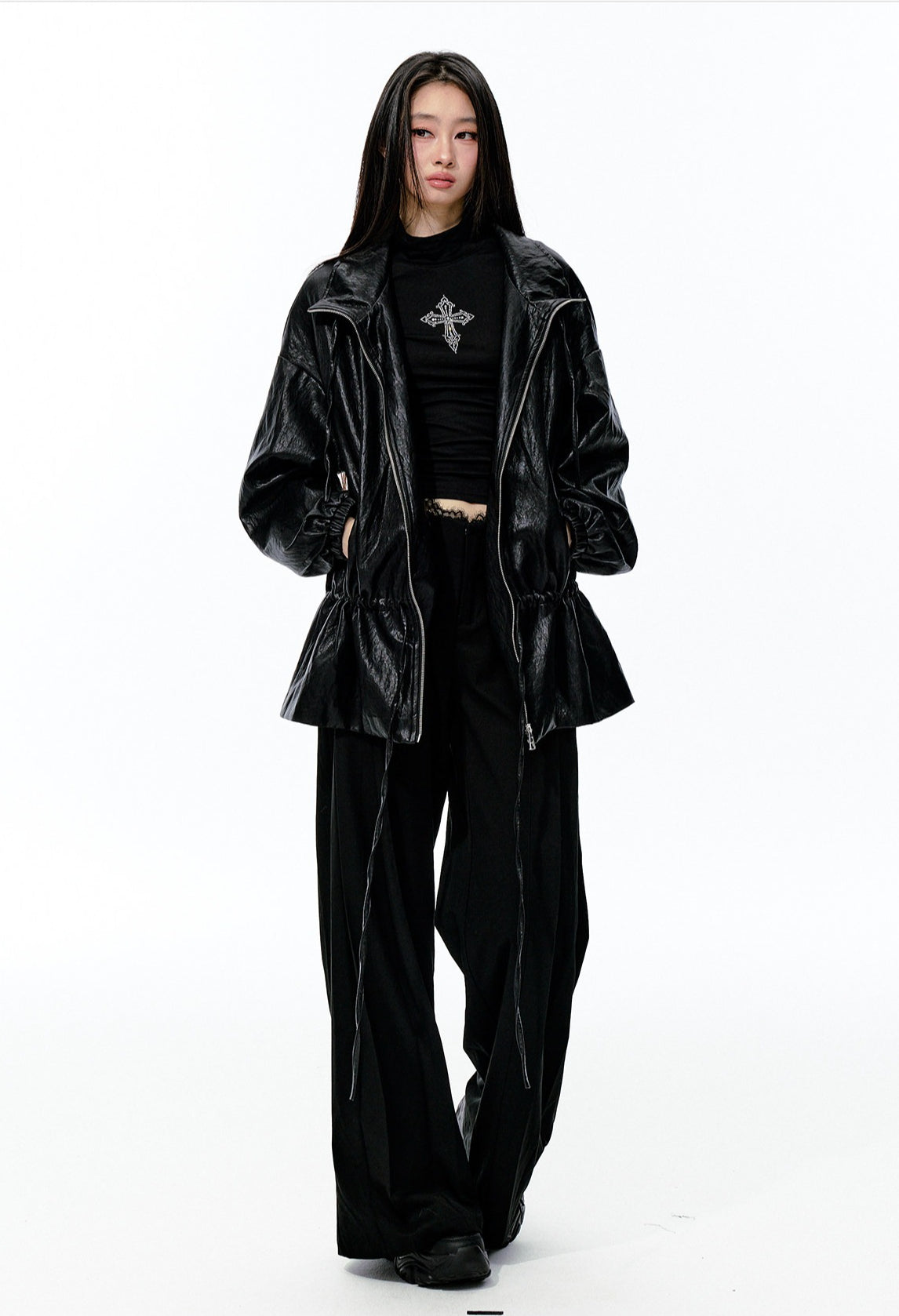 JN's DESIGN - Black Drawstring Faux Leather Jacket with Lace Back Detail
