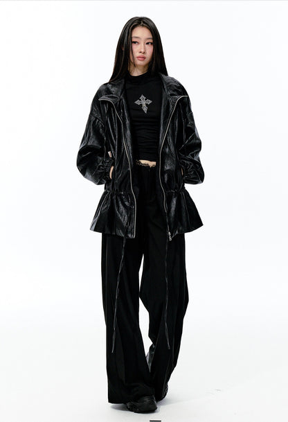 JN's DESIGN - Black Drawstring Faux Leather Jacket with Lace Back Detail