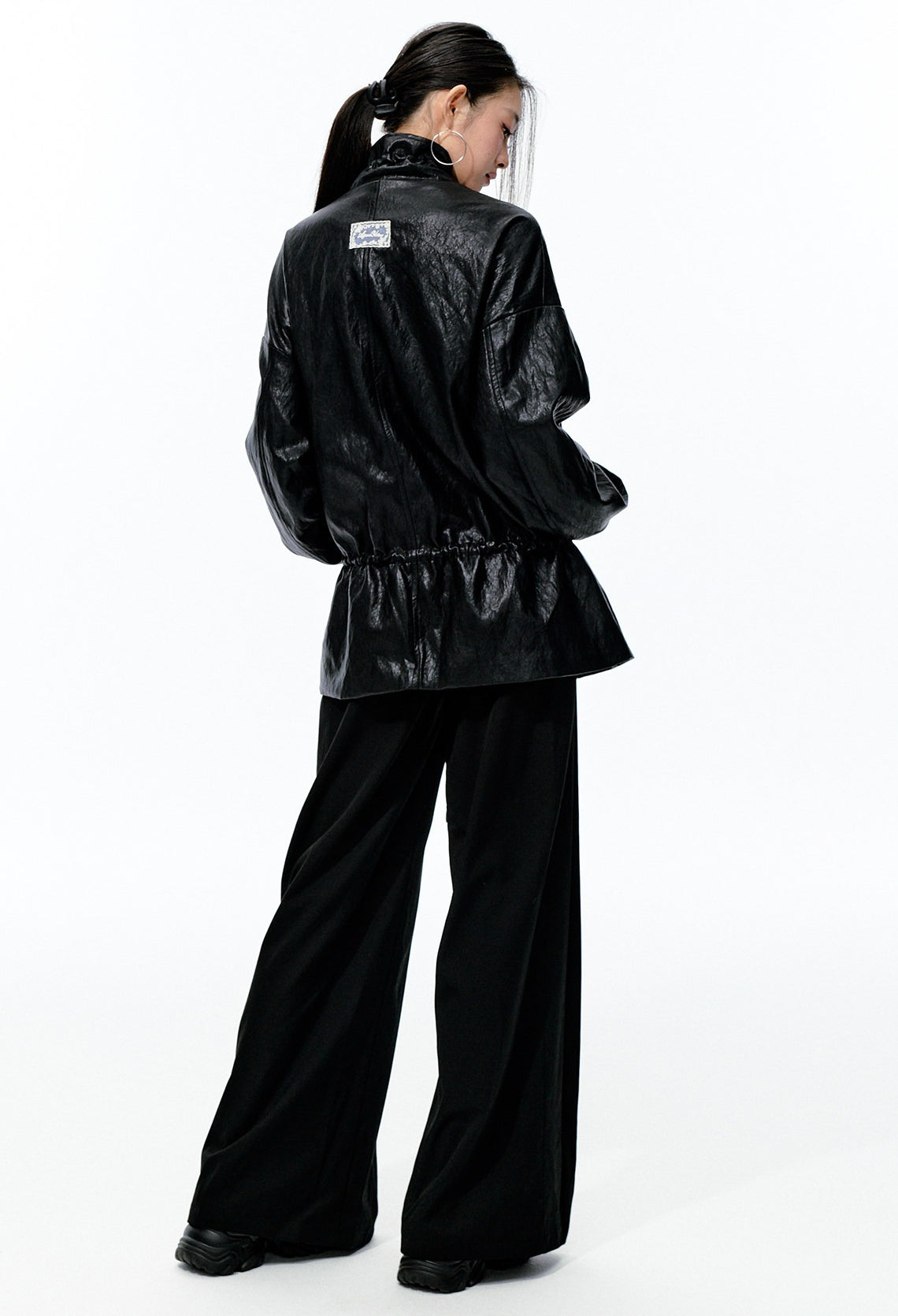 JN's DESIGN - Black Drawstring Faux Leather Jacket with Lace Back Detail