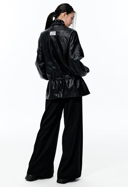 JN's DESIGN - Black Drawstring Faux Leather Jacket with Lace Back Detail