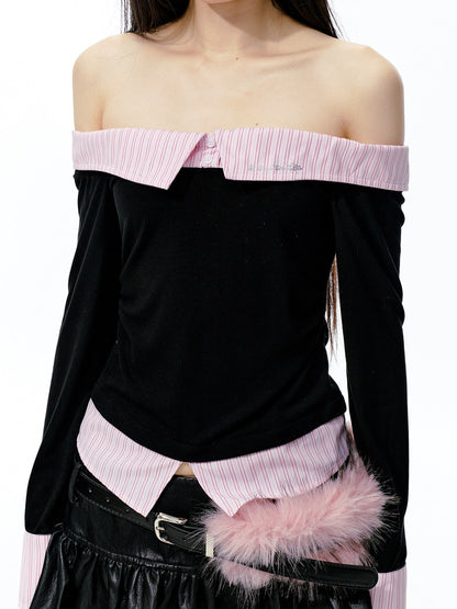 JN's DESIGN - Black & Pink Off-Shoulder Ruched Waist Top with Rhinestone Logo
