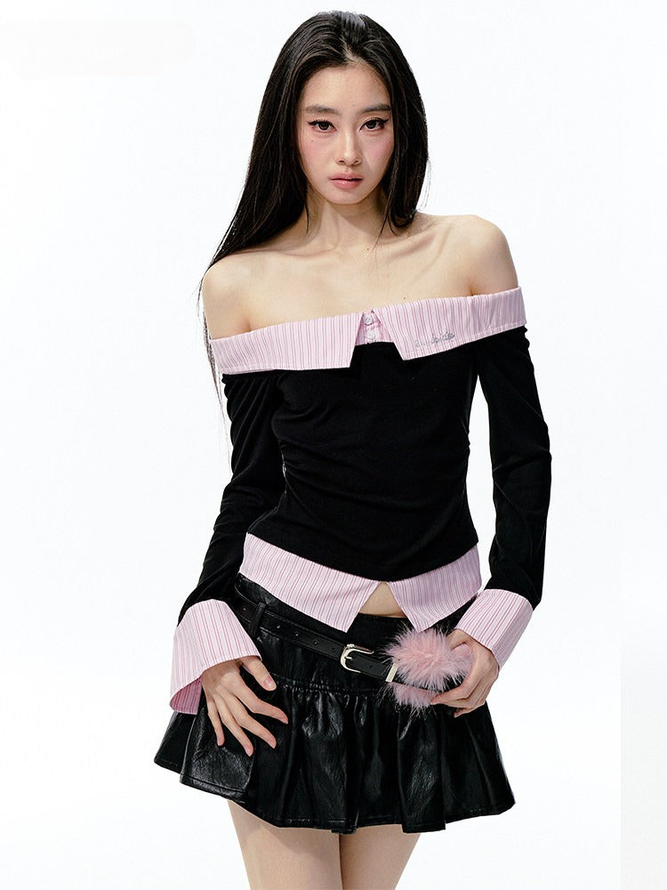 JN's DESIGN - Black & Pink Off-Shoulder Ruched Waist Top with Rhinestone Logo