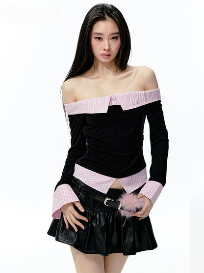 JN's DESIGN - Black & Pink Off-Shoulder Ruched Waist Top with Rhinestone Logo