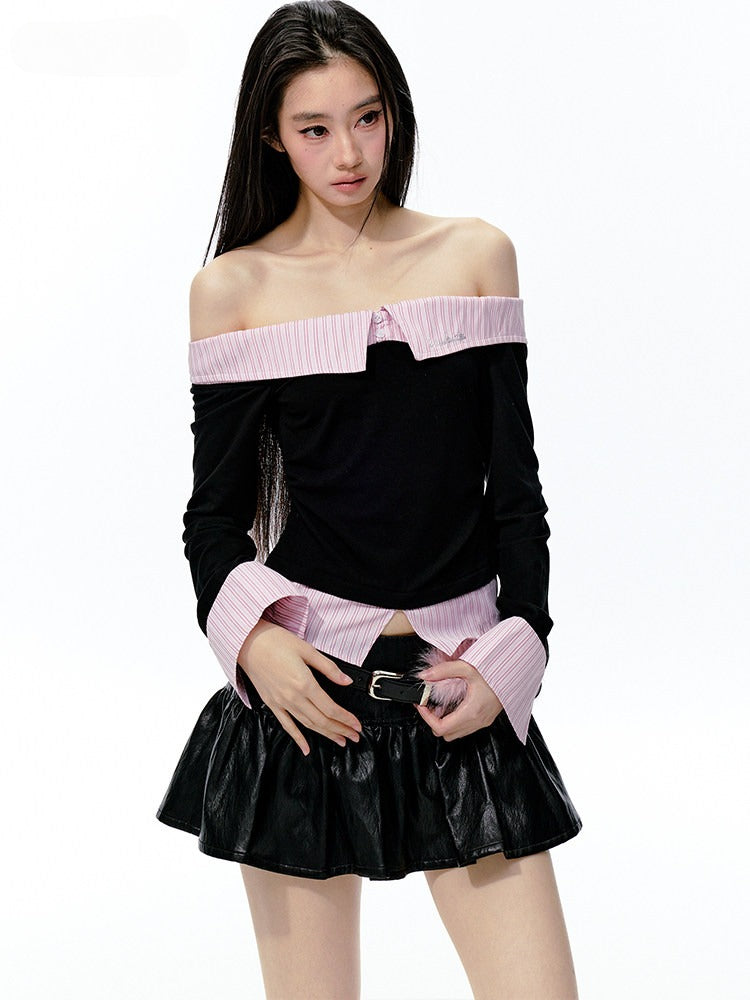 JN's DESIGN - Black & Pink Off-Shoulder Ruched Waist Top with Rhinestone Logo
