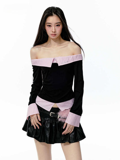 JN's DESIGN - Black & Pink Off-Shoulder Ruched Waist Top with Rhinestone Logo