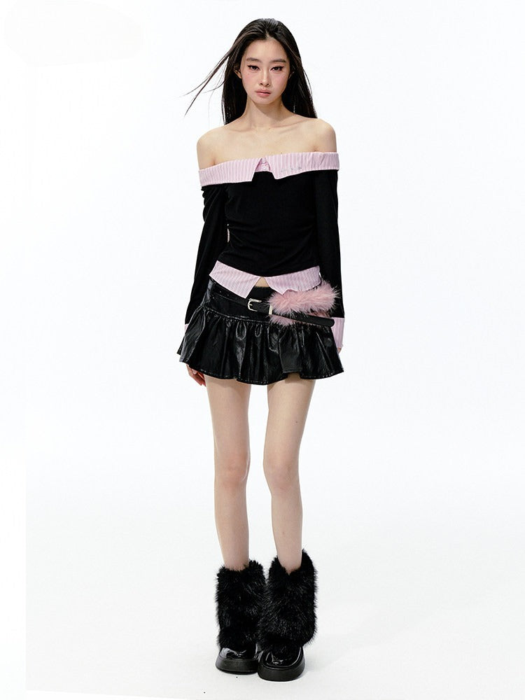 JN's DESIGN - Black & Pink Off-Shoulder Ruched Waist Top with Rhinestone Logo
