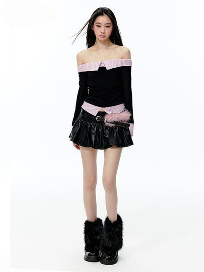 JN's DESIGN - Black & Pink Off-Shoulder Ruched Waist Top with Rhinestone Logo