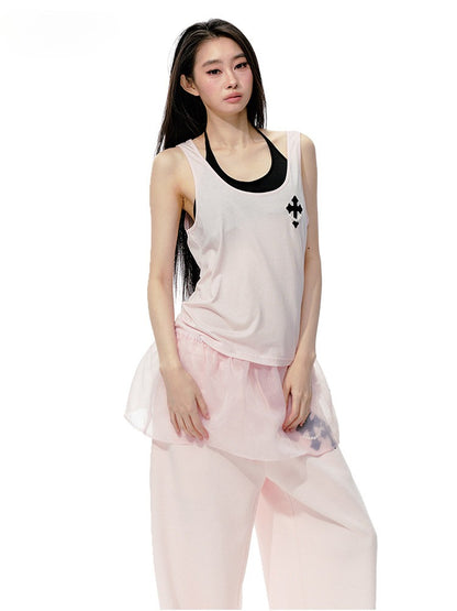 JN's DESIGN - Pink Layered Tank Top & Tulle-Overlay Sweatpants Set