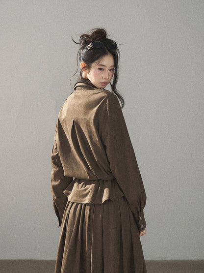 AOMALM - Terracotta Brown Shirt & Pleated Mini Skirt Set (With Belt)